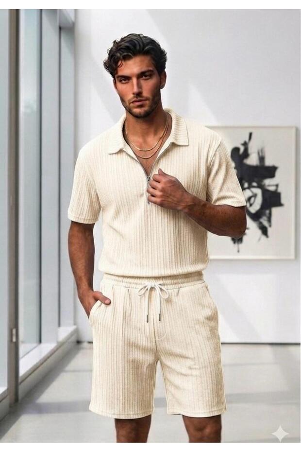 Men's White Zippered Collared Twisted Fabric T-Shirt Shorts Combination Set