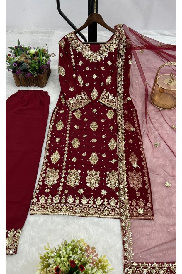 Maroon Faux Georgette Salwar Kameez & Dupatta Set - HRT5126 | Maroon-Size:L-40-Inches