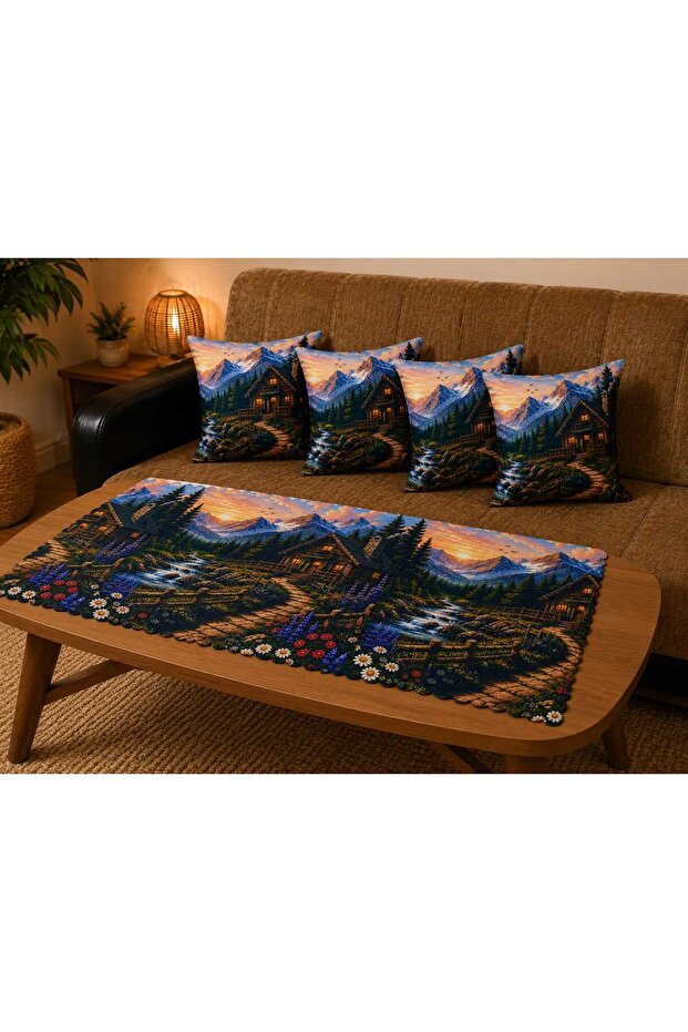 Landscape Patterned 4-Piece Decorative Throw Pillow Cover and Runner Set