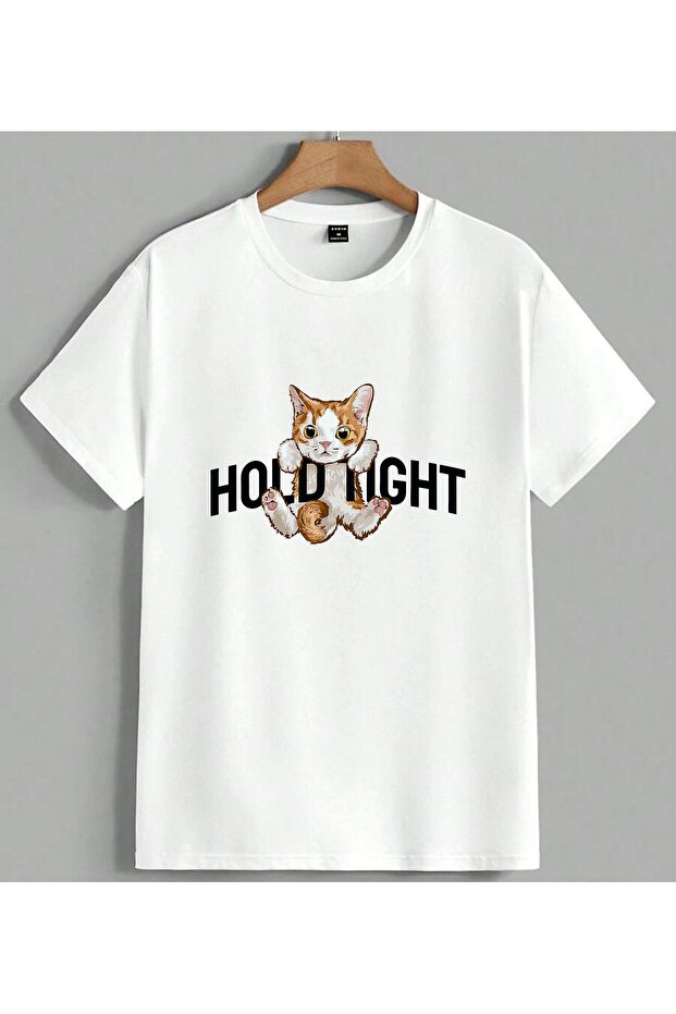 Hold Tight Cat Illustration Printed Unisex Oversize T-Shirt White