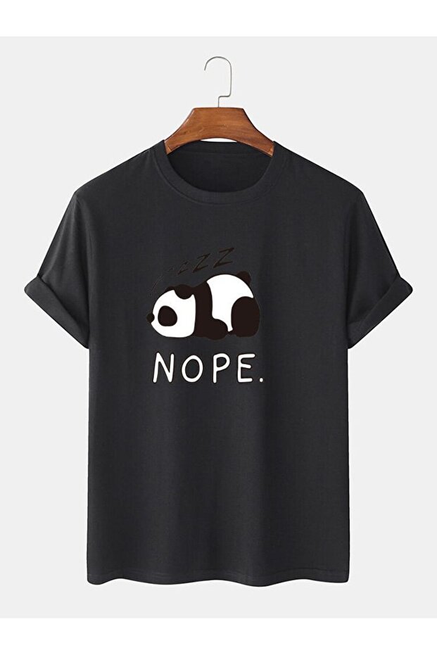 Panda Printed Unisex Oversize Printed Crew Neck Short Sleeve Black T-Shirt