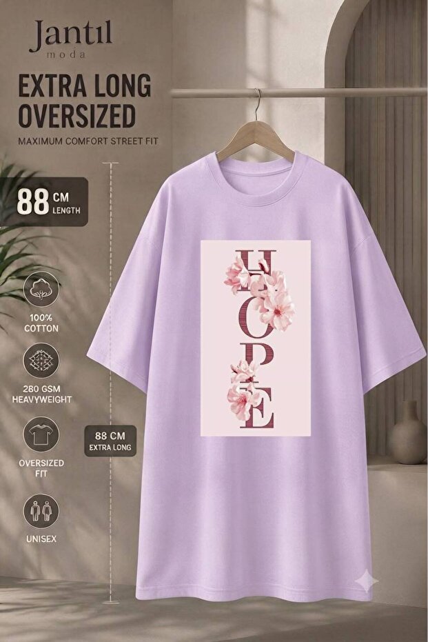 Crew Neck Floral Hope Written Framed Printed Extra Long Oversize Tunic T-Shirt Short Sleeve