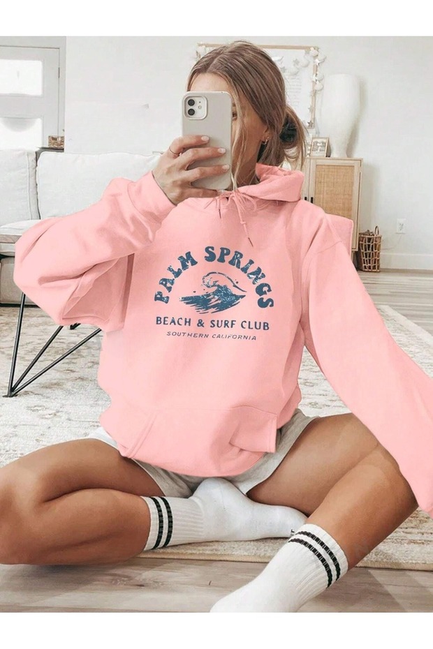 Women's Pink Palm Springs Surf Printed 3 Thread Hooded Hoodie Sweatshirt