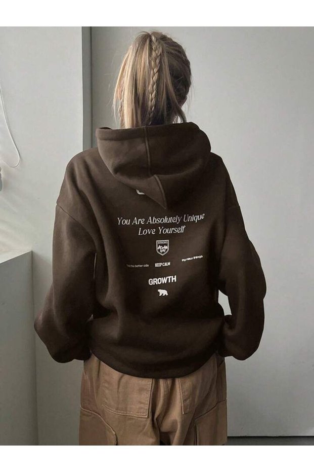 Women's Brown Calm Growth Printed 3 Thread Hooded Hoodie Sweatshirt