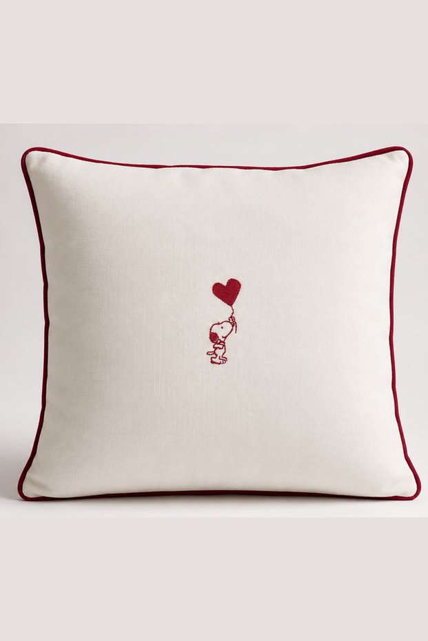 Heart Balloon Dog Embroidered Linen Throw Pillow Cover - Decorative Pillowcase with Burgundy Trim - Children's Room Decorative Pillow