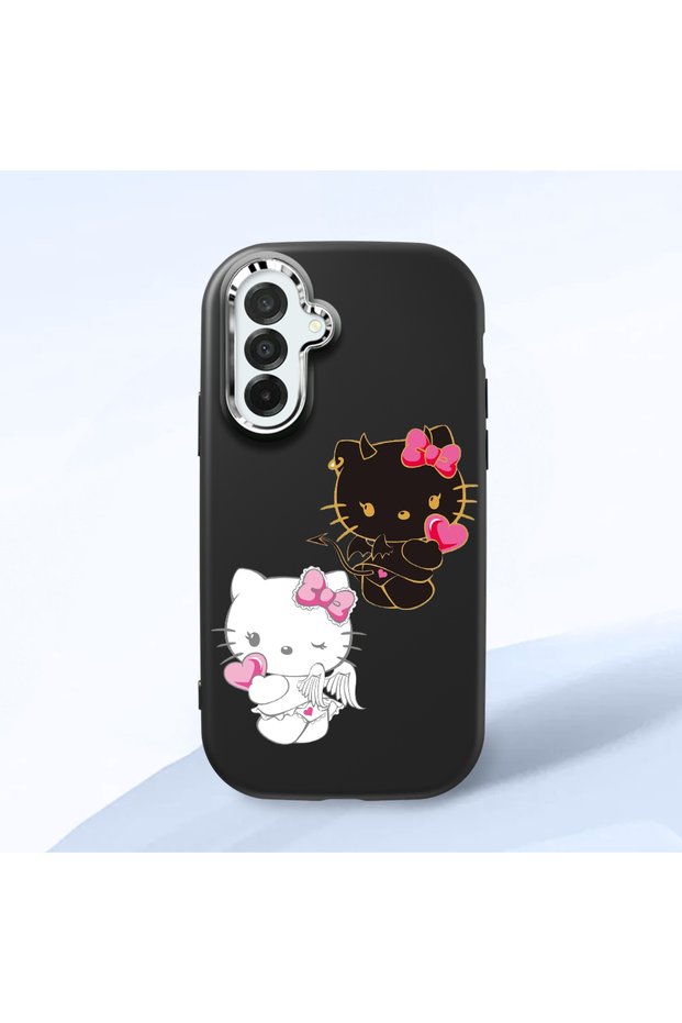 Samsung Galaxy A26 Compatible Case Camera Protector Black Silicone Couple Phone Case Kitty Pattern