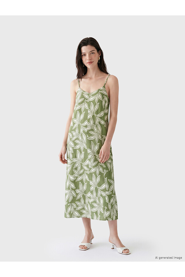 Original V-Neck Patterned Rope Strap Dress