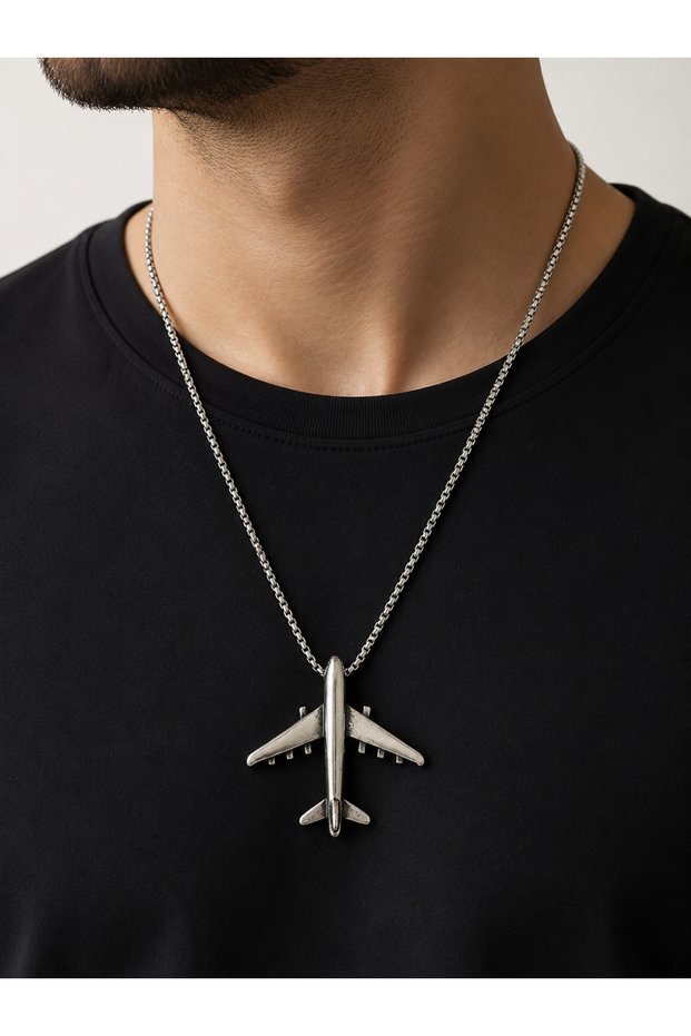 316L Stainless Steel Necklace with Airplane Figure Aviation Themed Gift Accessory