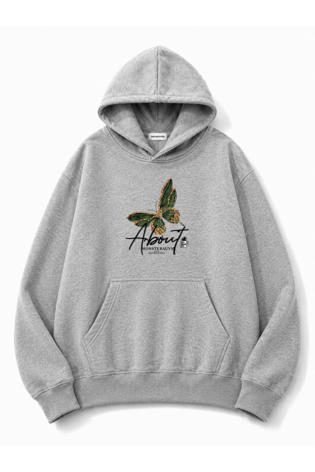 Green Butterfly Printed Hooded 2 Thread Threaded Sweatshirt