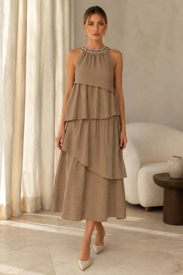 Women's Khaki Stone and Bead Embellished Halter Neck Asymmetrical Layered Midi Dress