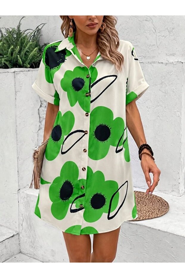 Women's Short Sleeve Collared Floral Patterned Short Single Jersey Dress