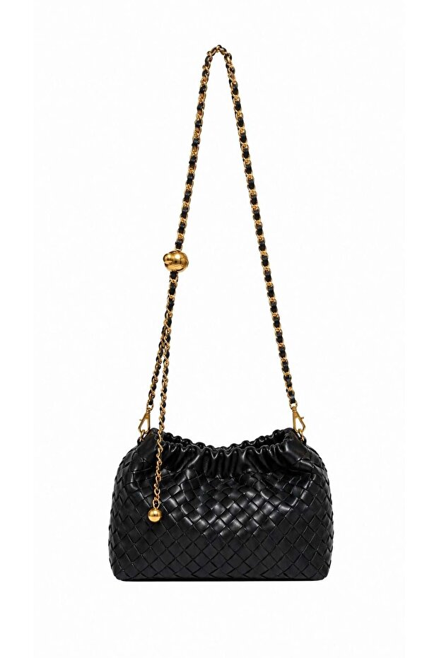 Botea Black Knitted Patterned Premium Vegan Leather Shoulder Bag
