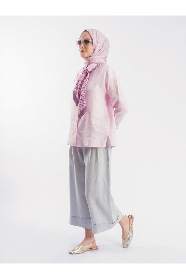 Elara Summer Linen Shirt with Scarf & Belted Midi Pants Two-Piece Set