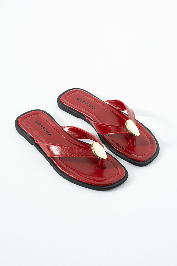 Hansen Women's Gold Accessory Detailed Flip-Flops with Comfortable Sole for Summer and Daily Use