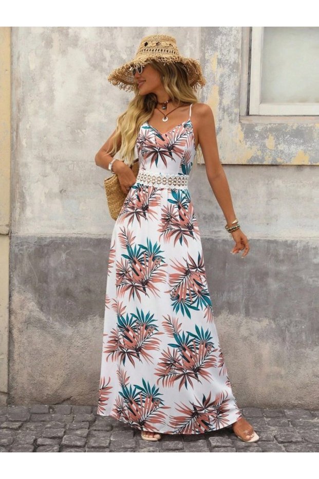 Women's Rope Strap V-Neck Long Jersey Dress with Lace Waist