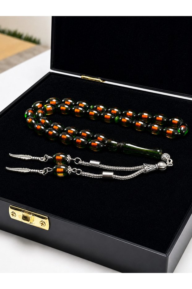 Premium Kutu Sürmeli Barley Cut Powdered Amber Prayer Beads - Double Color Green Yellow Appearance Gift Prayer Beads