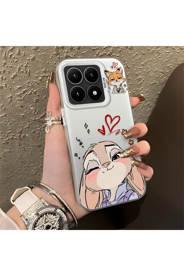 Mi 15t Compatible Heart-Themed Fox and Rabbit Printed Case, Matching Cover for Friends and Couples