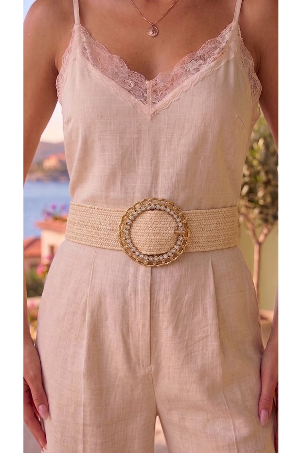 Straw Elastic Women's Belt with Pearl Buckle, Jacket Belt, Dress Belt, Shirt Belt
