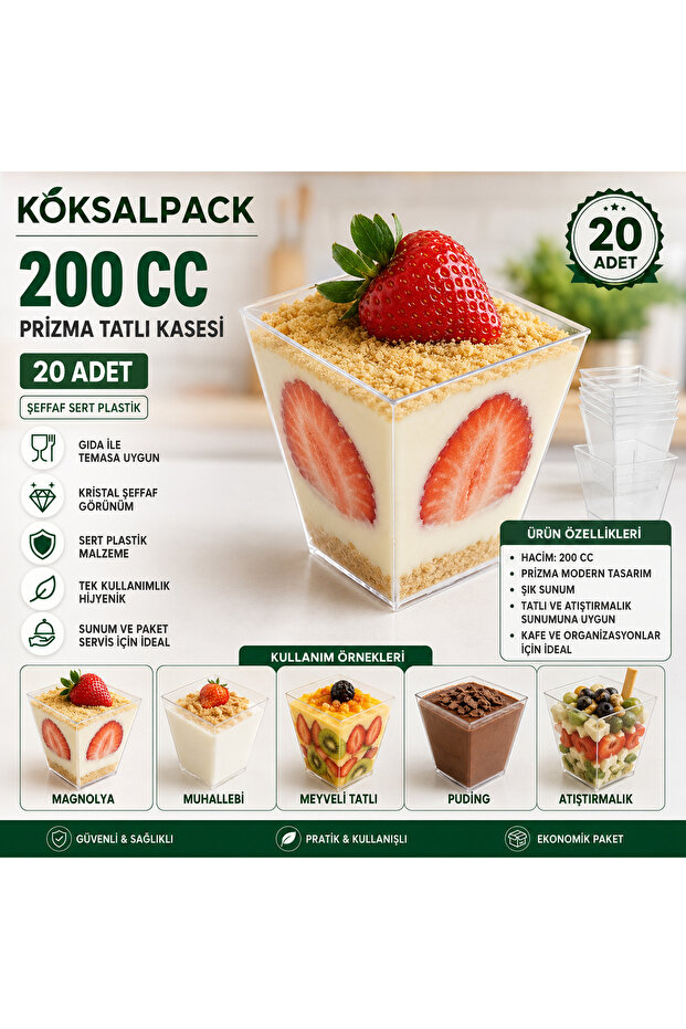 Köksalpack 200 Cc Prizma Dessert Bowl 20 Pieces | Transparent Hard Plastic Magnolia, Custard, Pudding, and Snack Bowl