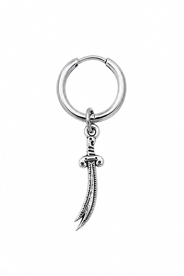 Unisex Silver Color Surgical Steel Dangle Zulfiqar Sword Figured Hoop Earring 1 Piece