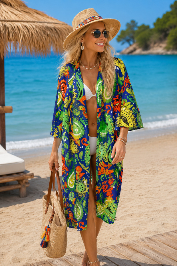 Trendy Ethnic Pattern Woven Viscose Belted Kimono