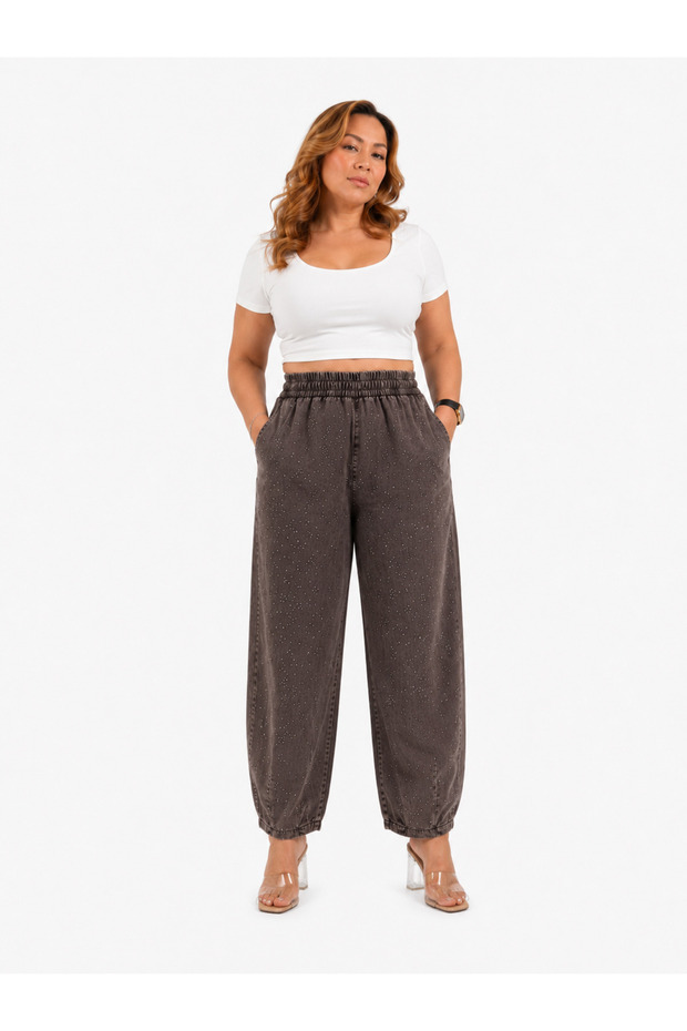 Plus Size Denim Waist-Locked Stone Printed Balloon Cut Women's Trousers