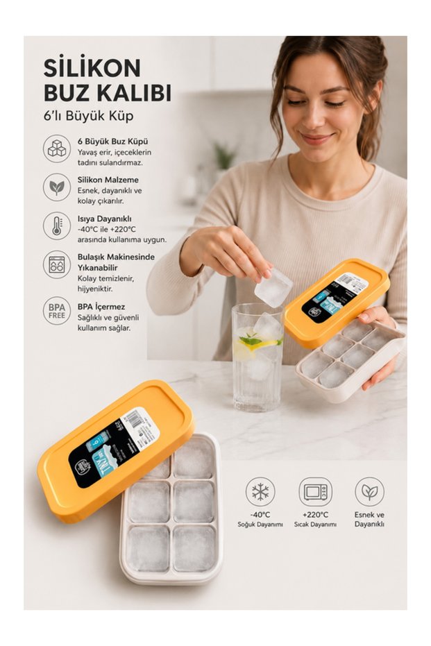 6-Compartment Large Size Silicone Ice Mold with Lid - Set of 6 Yellow Silicone Square Ice Tray Cocktail Ice Molds