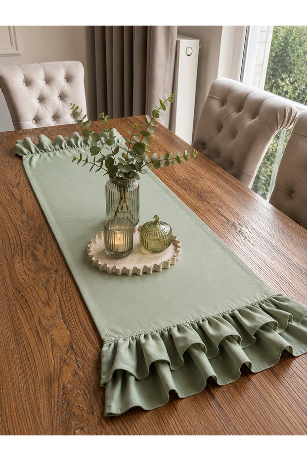 İnci Vintage Seamless Double Layer Ruffled Sage Green Runner