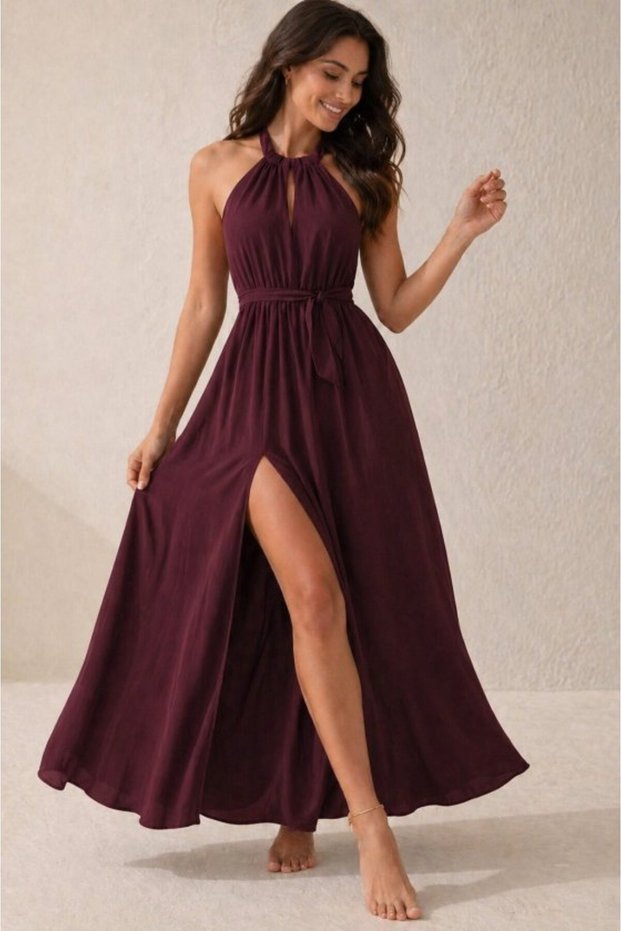 Women's Off-The-Shoulder, Lace-Up Back, Slit Detail, Long Janjan Crepe Dress