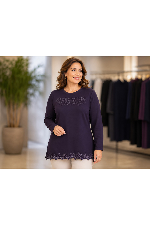 Women's Stone Embellished Guipure Detailed Mother Blouse with Side Slits