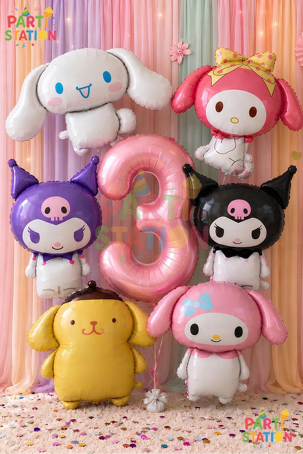 Sanrio Kuromi 3-Year-Old Balloon Set 6 Pieces Large Size – My Melody, Kuromi, Cinnamoroll, Pompompurin Foil Balloon