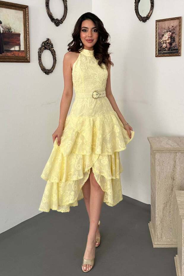 Women's Yellow Halter Neck Floral Embroidered Belted Layered Flounce Midi Dress