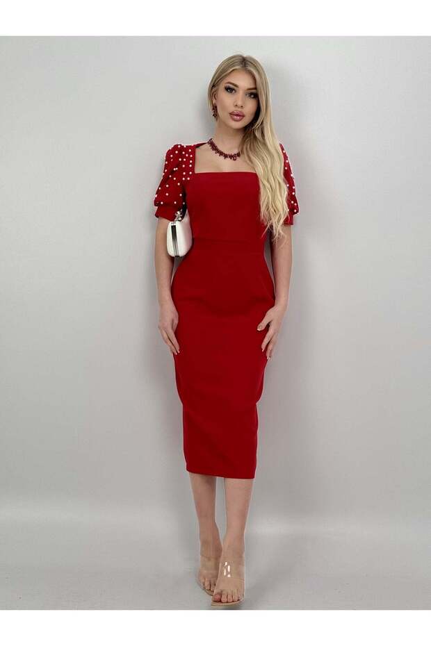 Women's Red - Red Pearl Detailed Balloon Sleeve Square Neck Midi Slim Fit Satin Dress