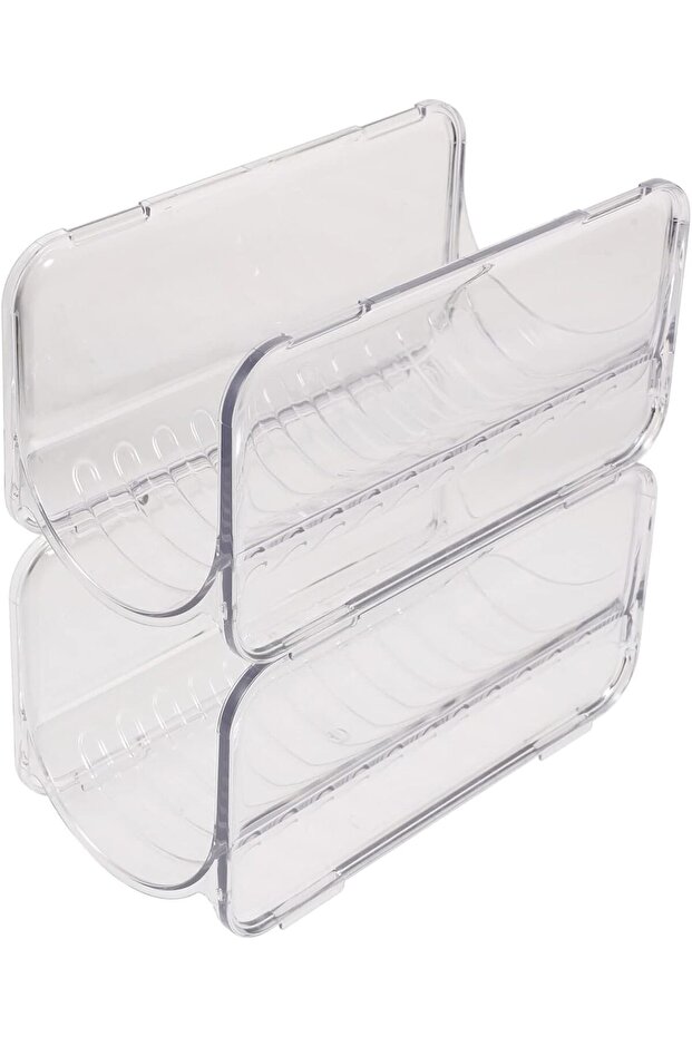 Two-piece stackable water bottle organizer, stable plastic kitchen refrigerator and cabinet bottle rack.