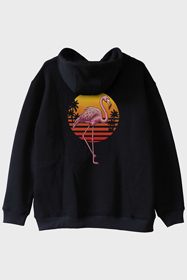 Retro Flamingo Printed Black Hoodie