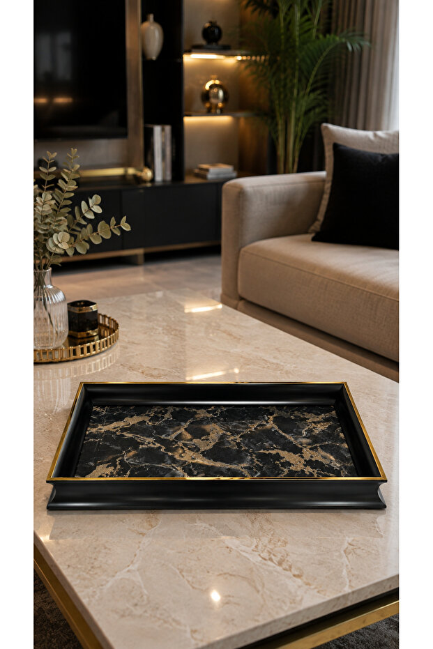 Ay Black Gold Detailed Decorative Luxury Presentation and Serving Tray 41X29 cm