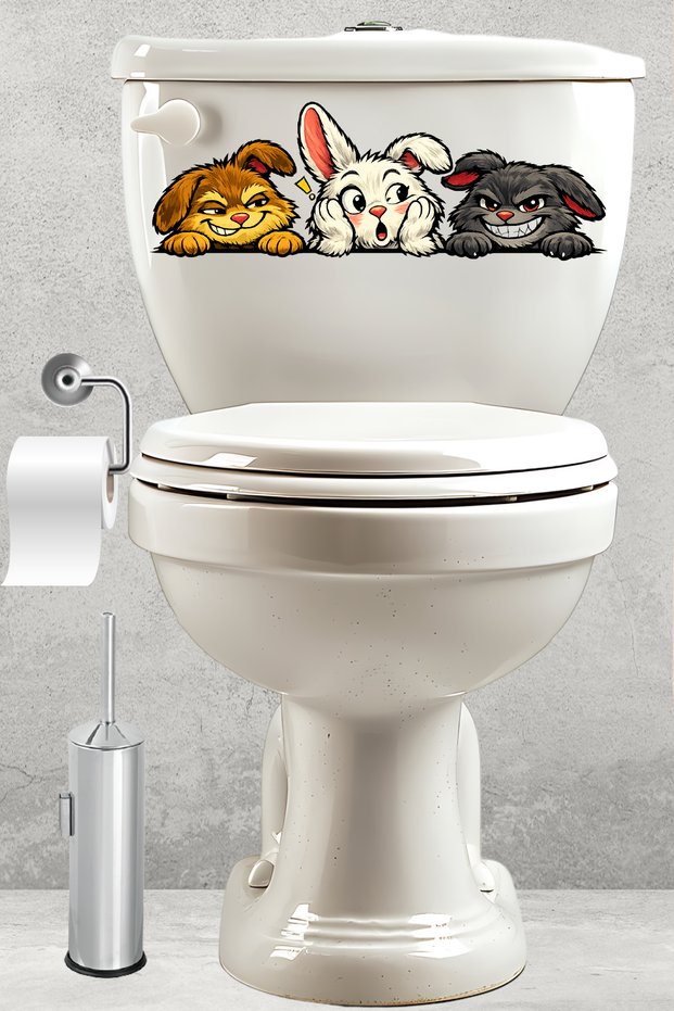 Toilet Sticker Set of Three Cute Rabbits with Amused, Confused, and Sneaky Facial Expressions Fun Bathroom Sticker Set