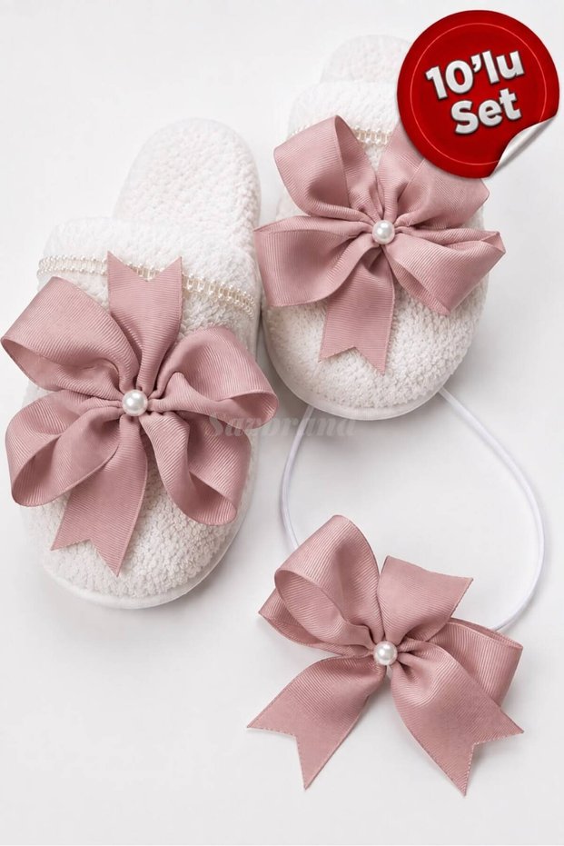 Bowknot and Pearl Maternity Slippers and Crown Set, 10-Piece – for Hospital Discharge, Baby Shower, and Birth Photo Shoots