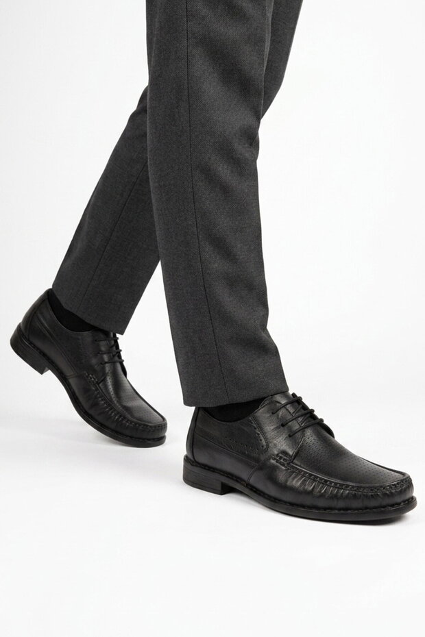 Men's Black Genuine Leather Perforated Breathable Comfortable Sole Lace-Up Casual Shoes Sensitive 3606-1 m