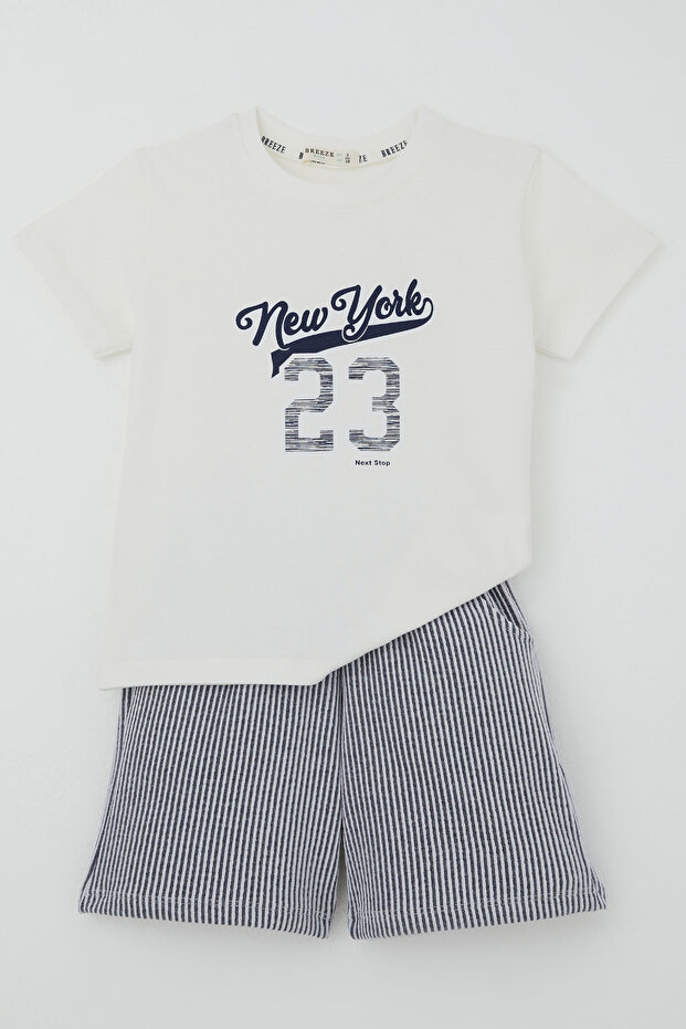 Boy's Shorts Set with Lettering Printed Shorts and Stripes for Ages 1.5-5, Ecru