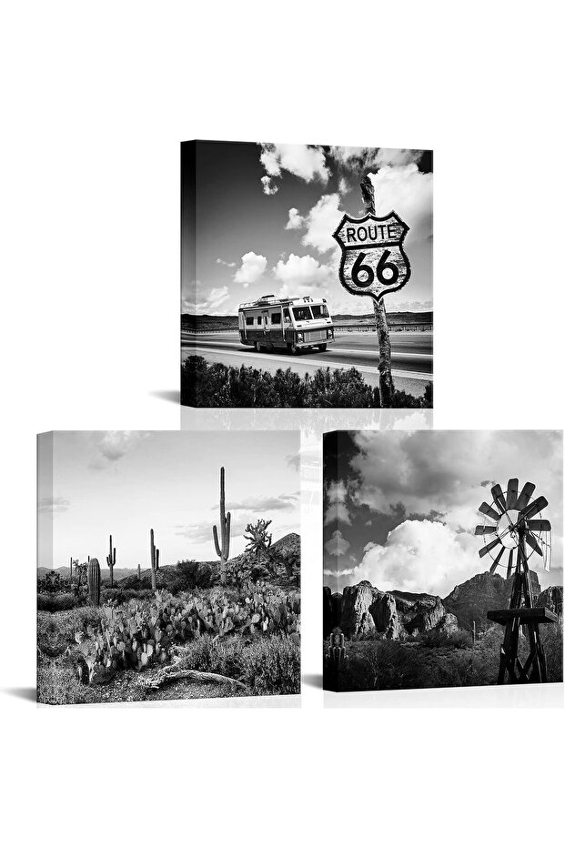 30x30 cm 3 Panel Gallery Wrapped Canvas | Route 66 Wall Art | Black White Desert Decor