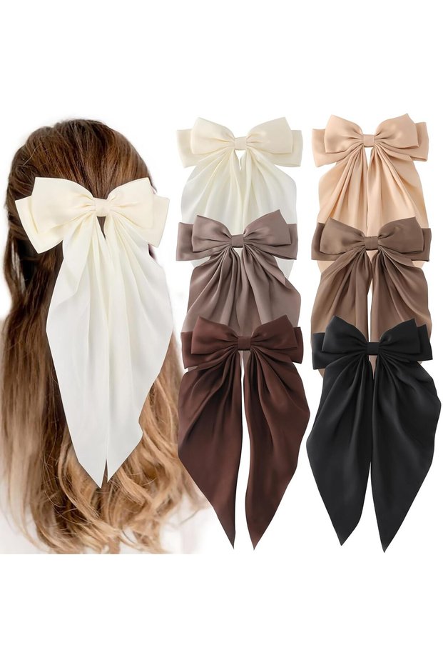 6-Piece Set - Women's Large Bow Hair Clips - Silk Satin Bow Hair Clips - Metal Bow Hair Clips - Cute and Pretty Hair Accessories - Hair Accessories