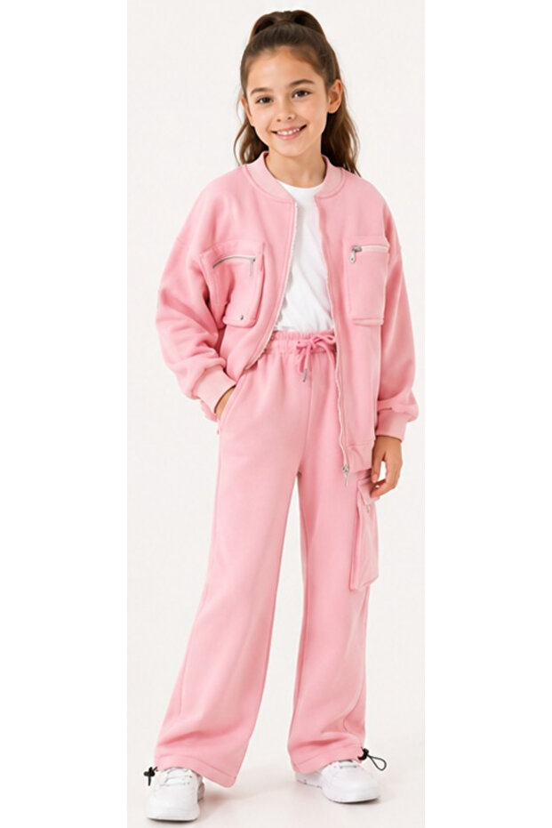 Girl's Three-Thread Ribbed Pink Color Tracksuit Set with Zipper Closure and Zipper Pockets