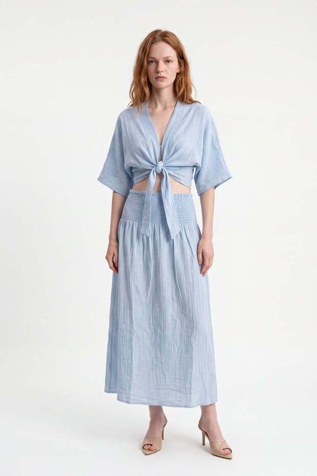 Women's Elastic Waist Long Skirt and Tie-Up Blouse Set