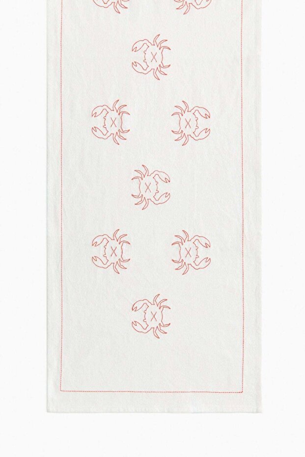 Embroidery-motif linen-blend table runner