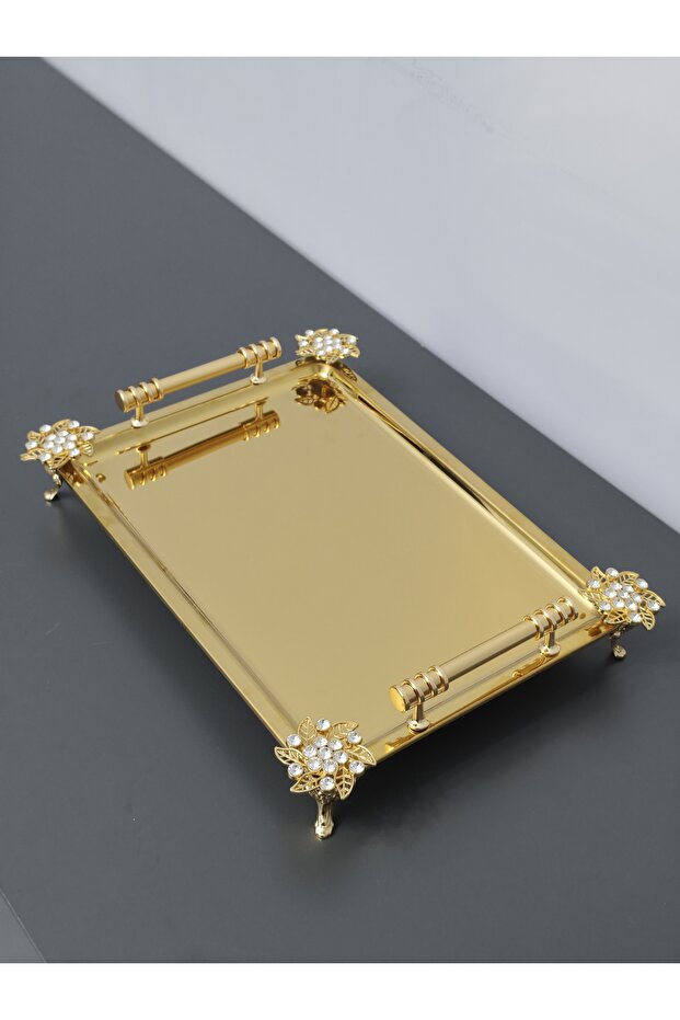 Figured, Metal Handle, Stainless Steel Rectangular Tray Luxury Presentation Tray Light Gold