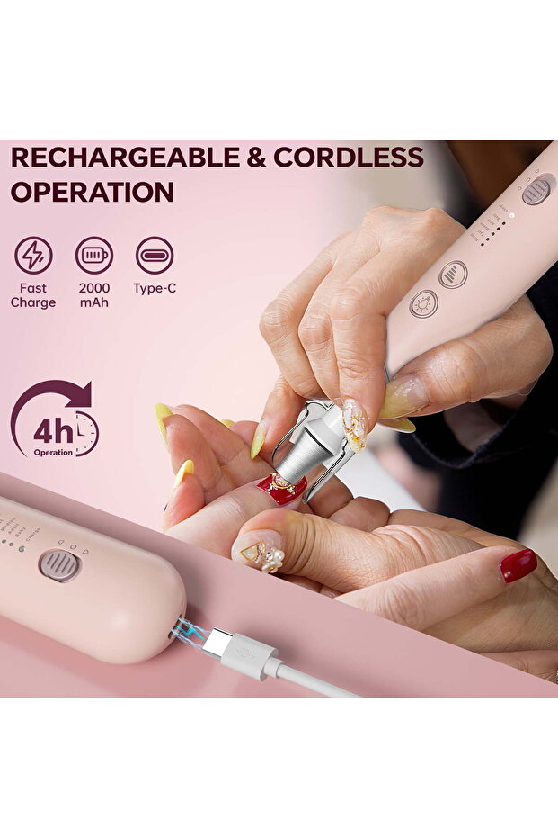 Cordless electric nail file set,nail & pedicure tools,LED light,9 drill bits,5 speed settings,portable hand & foot care,thick nail cuticle (pink)