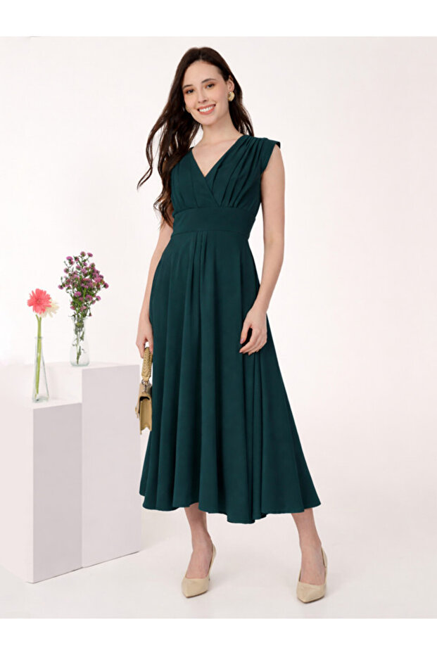 Teal Cap Sleeves Rushed Fit And Flare Midi Dress