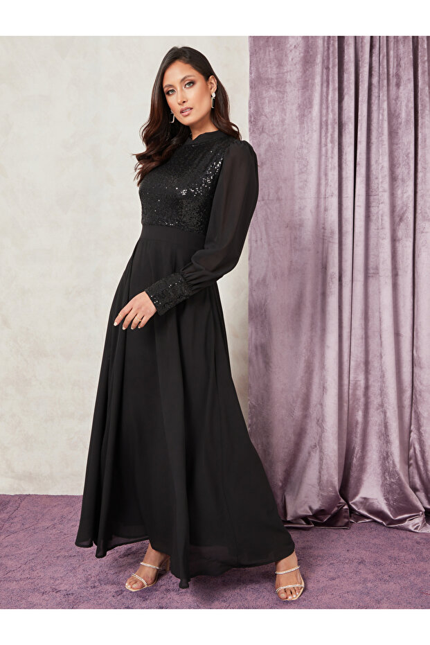 Long Volume Sleeves Sequin Detail A-Line Maxi Dress