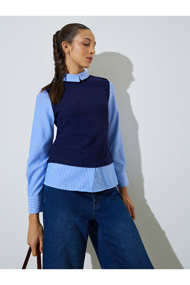 Blue Striped Long Sleeve Shirt with Ribbed Knit Attached Vest